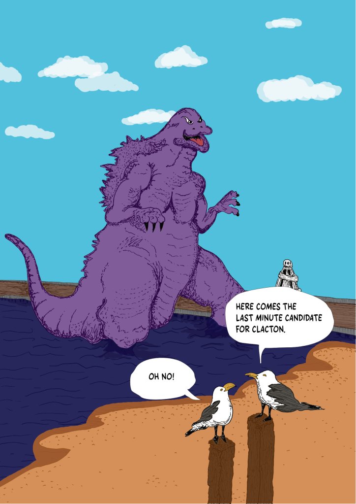Godzilla emerges from the water on Clacton seafront.